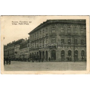 1927 Versec, Werschetz, Vrsac; Pasic-Platz / Pasic tér, Győri M. R. és Fia, Franz Zoffmann, Aurel Boiger üzlete ...