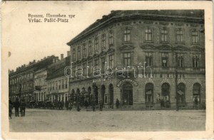 1927 Versec, Werschetz, Vrsac; Pasic-Platz / Pasic tér, Győri M. R. és Fia, Franz Zoffmann, Aurel Boiger üzlete ...
