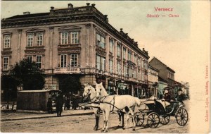 Versec, Werschetz, Vrsac; Sétatér, üzletek. Kehrer Lajos kiadása, montázs hintóval / Corso / promenade, shops...