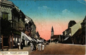 1920 Zombor, Sombor; Kossuth Lajos utca, templom, Széles Antal üzlete / street view, church, shops (fa...