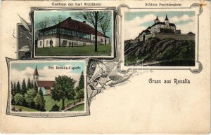 1907 Fraknó, Forchtenstein; vár, Karl Wutzlhofer vendéglője, Rozália kápolna / Schloss, Gasthaus, Sct. Rosalia Kapelle ...