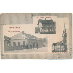 Gálos, Gols; vasútállomás, óvoda, evangélikus templom / Bahnhof, Kindergarten, Ev. Kirche / railway station, nursery...