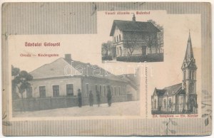 Gálos, Gols; vasútállomás, óvoda, evangélikus templom / Bahnhof, Kindergarten, Ev. Kirche / railway station, nursery...