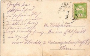 1916 Miklóshalma, Miklósfalu, Nickelsdorf; Fő utca, templom. Schragner Ferenc kiadása / main street, church ...