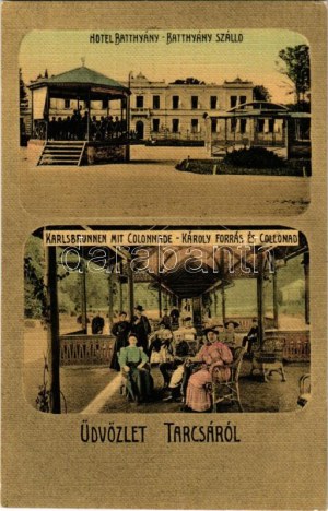 1909 Tarcsa, Tarcsafürdő, Bad Tatzmannsdorf; Batthyány szálloda, Károly-forrás és kolonád. Hönigmann Jakab kiadása ...