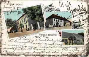 1905 Perlak, Prelog; Alsó-Muraközi Takarékpénztár, Muraköz szálloda, Sosterics Pál üzlete / savings bank, hotel, shop...