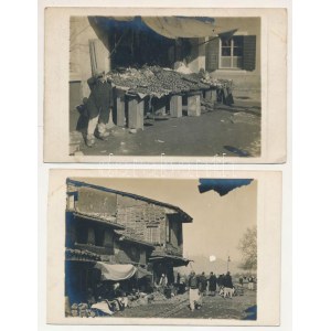 1916 2 pre-1945 photo postcards: street view, market, fruit vendors + K.u.k. Kriegsmarine SMS Panther...