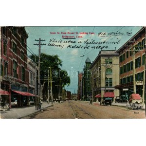 1912 Bridgeport (Connecticut), State Street from Broad St. looking East, shops, automobiles. Danzinger &amp; Berman (EB...