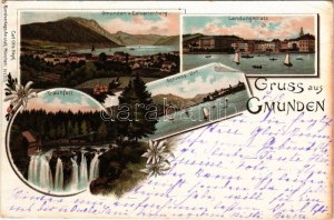 1897 Gmunden, Traunsfall, von Calvarienberg, Landungsplatz, Schloss Ort. Carl Otto Hayd / general view, waterfall...