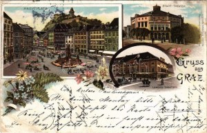 1896 Graz, Hauptplatz, Stadt-Theater, Landes-Theater. Loius Glaser / main square, theatre. Art Nouveau, floral, litho ...