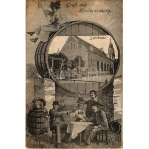Klosterneuburg, Stiftskeller. Verlag Josef Popper / beer hall, church, montage with barrel (EB)
