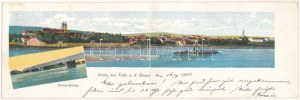 1900 Tulln an der Donau, Donau-Brücke / bridge, general view, steamship. 2-tiled folding panoramacard (fl...