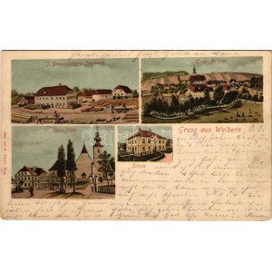 1900 Weibern, J. Götzendorfer's Sägewerk, Totalansicht, Pfarr Platz, Schule. H. Claudi / sawmill, forest industry...