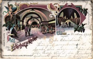 1904 Wien, Vienna, Bécs; Gruss aus dem Esterhazy Keller! Haarhof / wine cellar, interior...