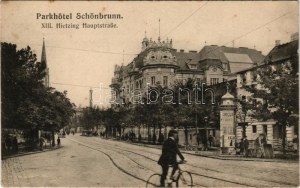 Wien, Vienna, Bécs; Parkhotel Schönbrunn, XIII. Hietzing Hauptstrasse. B.K.W.I. 852. / hotel, street, man with bicycle ...