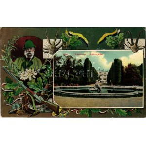 Wien, Vienna, Bécs; Schönbrunn Schloss Allee / castle park. Franz Joseph with hunting equipment. Art Nouveau (EK...