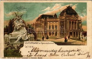 1900 Wien, Vienna, Bécs; Volkstheater mit Raimunds-Denkmal / theatre, monument. Verlag v. Karl Stücker's Kunstanstalt...