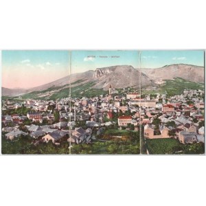1912 Mostar, Panorama. Z. Stojkovic / general view, mosque, 3-tiled folding panoramacard (worn at fold...