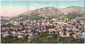 1912 Mostar, Panorama. Z. Stojkovic / general view, mosque, 3-tiled folding panoramacard (worn at fold...
