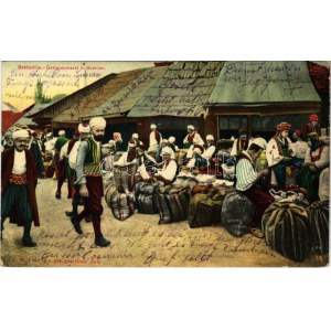 1910 Sarajevo, Bascarsija / Getreidemarkt in Bosnien / Bosnian folklore, grain market (worn corners)