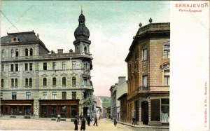 Sarajevo, Ferhadijagasse, Apotheke / street view, pharmacy, shops. J. Studnicka & Co. (fl)