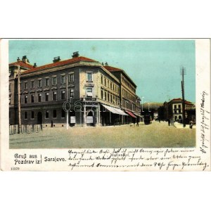 1907 Sarajevo, Marienhof, Restauration / street, restaurant, shops, tram + K.u.K. Bahn-Post Sarajevo - Bos. Brod 2 ...
