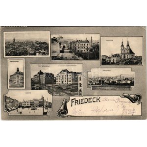 1913 Frydek, Frydek-Místek, Friedeck; Kaiser Franz Josefs Strasse, Marienkirche, Sparkassagebäude, Volks-Bürgerschule...