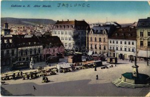 1914 Jablonec nad Nisou, Gablonz; Alter Markt / market, trams, Hotel Erlebach, shops of Carls Weiss and Blumen (EK...