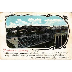 Jihlava, Iglau; railway bridge with locomotive, train. Art Nouveau frame (worn corners)
