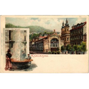 Karlovy Vary, Karlsbad; Sprudelcolonnade, Der Sprudel. Verlag v. Pösch u. Weil Art Nouveau, litho (EK...