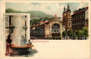 Karlovy Vary, Karlsbad; Sprudelcolonnade, Der Sprudel. Verlag v. Pösch u. Weil Art Nouveau, litho (EK...