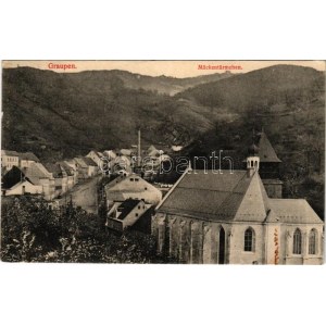 1916 Krupka, Graupen; Mückentürmchen (Komárí vízka) / general view, church, mountain with tower (EK...