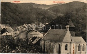 1916 Krupka, Graupen; Mückentürmchen (Komárí vízka) / general view, church, mountain with tower (EK...