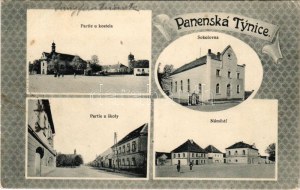 1917 Panensky Tynec, Panenská Tynice, Jungfernteinitz; Partie u kostela, Sokolovna, Partie u skoly, Námestí / church...