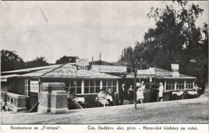 Praha, Prague, Prága; Josef Hora, Restaurace na Fontáne. Ces. Budejov. akc. pivo, Moravské klobásy na rozni ...