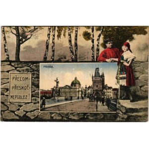 1920 Praha, Prague, Prága; Prelom Preskoc Nepodlez! / montage with traditional Czech couple, tower (EK...