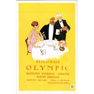 1928 Praha, Prague, Prága; Restaurace Olympic. Rodinná vinárna, dancing, buffet espresso. Restauráter Josef Hátle...
