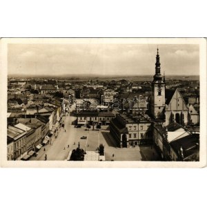 1949 Prostejov, Prossnitz; general view, square, shops, atuomobile (creases)