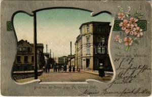1907 Varnsdorf, Warnsdorf; Blick von der Union gegen Fa. Heinrich Stolle / street view. Art Nouveau, floral frame (fa...