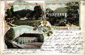 1902 Vidnava, Weidenau; Ruine Kaltenstein, Baron Gilgenheimbs Schloss / castle ruins, castle, square with shops...