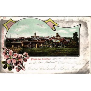 1902 Vyskov, Wischau; general view. Verlag R. Sidlo. Art Nouveau, floral litho frame (EK)