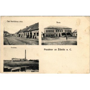 1913 Zizelice, Zizelitz; Cast Havlíckovy ulice, Skola, Továrna / street view with the publisher's shop (Jos. Liska)...