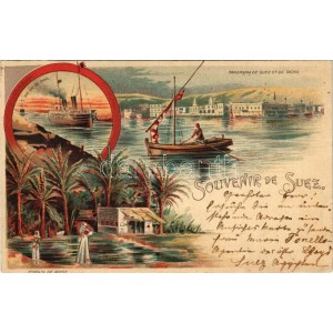 1899 (Vorläufer) Suez Canal, Canal de Suez; Panorama de Suez et de Tacka, Une vue du Canal, Fonatain de Moise ...