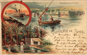 1899 (Vorläufer) Suez Canal, Canal de Suez; Panorama de Suez et de Tacka, Une vue du Canal, Fonatain de Moise ...