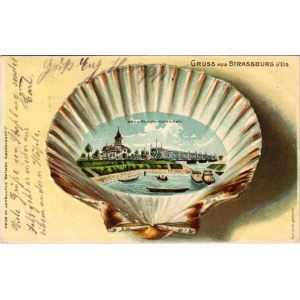 1902 Strasbourg, Strassburg; Neue Rheinbrücke. J. Junginger's Verlag / new Rhine bridge, montage with shell. Emb...