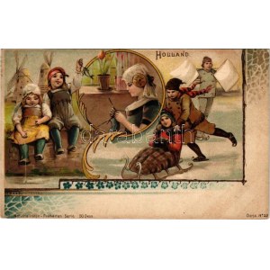 Holland / The Netherlands. Nationalitäten-Postkarten Serie 50. Dess. winter sport, sledding. Art Nouveau, litho (EK...