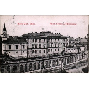 1907 Bielsko-Biala, Bielitz; Fürstl. Schloss u. Schlossbazar / castle and castle bazaar, synagogue. Verlag Grubner (fl...