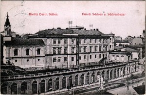 1907 Bielsko-Biala, Bielitz; Fürstl. Schloss u. Schlossbazar / castle and castle bazaar, synagogue. Verlag Grubner (fl...
