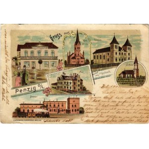 1901 Piensk, Penzig; Kath. Kirche, Turnhalle, Ev. Kirche, Post, Bahnhof, August Gallasch Papier, Kurz &amp...