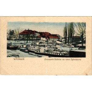 1916 Wloclawek, Zimowanie Slalków na rzece Zglowiaczce / wintering of steamships on Zglowiaczka River (EK...